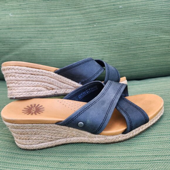 UGG Gwyn Espadrille Wedge Sandals Navy Women’s Size 7 cross leather straps - Picture 11 of 12